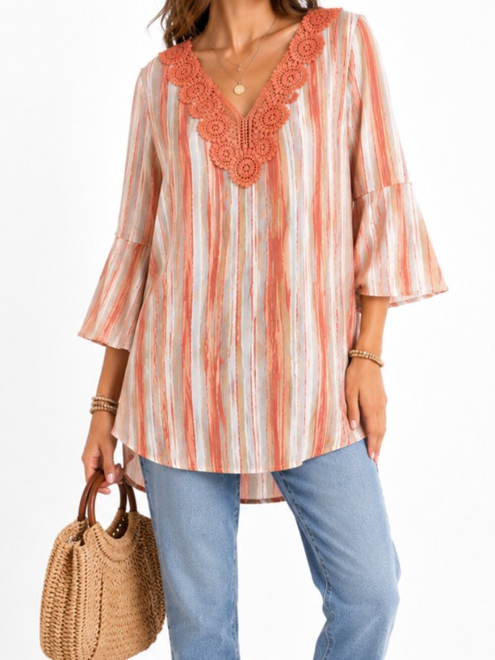 Robert Louis XL Crochet Lace Bell Sleeve Tunic Boho Peach Striped Top
